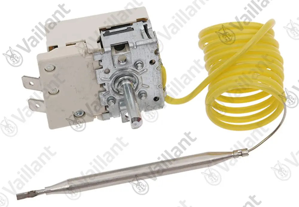 Regelkreis von Vaillant mit einem Gerät, der eine gewickelte Gassensorleitung und einen metallischen Temperatursensor zeigt, montierbar für Heizungsanwendungen.